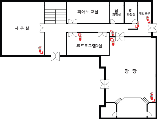 JS프로그램1실 ▶ 계단 ▶피아노교실 ▶ 남자화장실 ▶ 여자화장실 ▶레인보우힐 ▼ 강당 ◀ 사무실 ◀ 입구