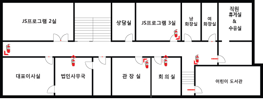 JS프로그램2실 ▶ 계단 ▶관장실 ▶JS프로그램3실 ▶남자화장실 ▶ 여자화장실 ▶어린이도서관 ▼ 쉼터 ◀ 접수처 ◀ 법인사무국 ◀ 대표이사실 