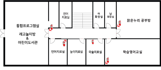 한일발달장애연구센터 ▶ 계단 ▶ 남자화장실 ▶ 맑은누리 공부방 ▼ 학습영어교실 ◀ 자원봉사실 ◀ 상담실 ◀ 서예교실 